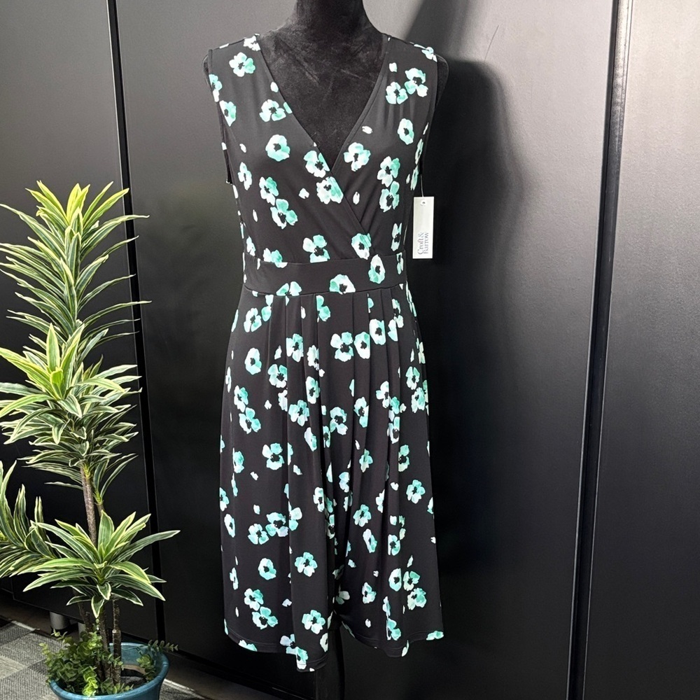 Croft & Barrow & Crossover V-neck, pleated waist front, stretch,aqua poppy print